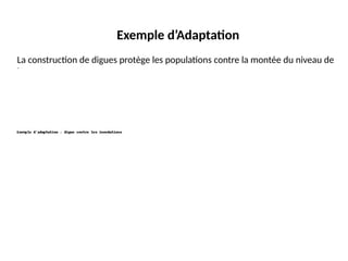Exemple d’Adaptation
La construction de digues protège les populations contre la montée du niveau de
la mer.
 