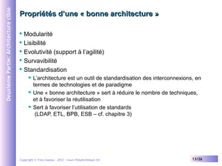 Deuxième Partie: Architecture cible

Propriétés d’une « bonne architecture »
Modularité
 Lisibilité
 Evolutivité (support à l’agilité)
 Survavibilité
 Standardisation








L’architecture est un outil de standardisation des interconnexions, en
termes de technologies et de paradigme
Une « bonne architecture » sert à réduire le nombre de techniques,
et à favoriser la réutilisation
Sert à favoriser l’utilisation de standards
(LDAP, ETL, BPB, ESB – cf. chapitre 3)

Copyright © Yves Caseau – 2012 - Cours Polytechnique (II)

13/26

 