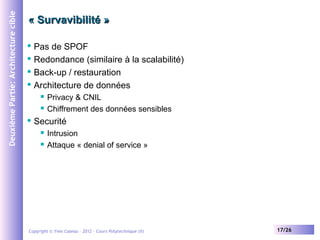 Deuxième Partie: Architecture cible

« Survavibilité »
Pas de SPOF
 Redondance (similaire à la scalabilité)
 Back-up / restauration
 Architecture de données







Privacy & CNIL
Chiffrement des données sensibles

Securité



Intrusion
Attaque « denial of service »

Copyright © Yves Caseau – 2012 - Cours Polytechnique (II)

17/26

 