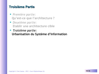 Troisième Partie
Première partie:
Qu’est-ce que l’architecture ?
 Deuxième partie:
Etablir une architecture cible
 Troisième partie:
Urbanisation du Système d’Information


Copyright © Yves Caseau – 2012 - Cours Polytechnique (II)

18/26

 