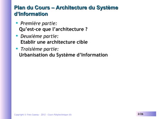 Plan du Cours – Architecture du Système
d’Information
Première partie:
Qu’est-ce que l’architecture ?
 Deuxième partie:
Etablir une architecture cible
 Troisième partie:
Urbanisation du Système d’Information


Copyright © Yves Caseau – 2012 - Cours Polytechnique (II)

2/26

 