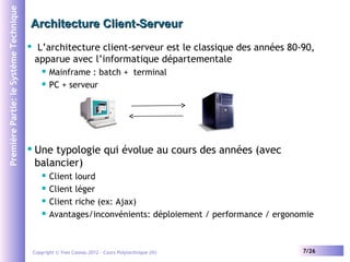 Première Partie: le Système Technique

Architecture Client-Serveur


L’architecture client-serveur est le classique des a...