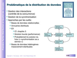 Première Partie: Distribution et Qualité des données

Problématique de la distribution de données
Gestion des interactions
(contrôle de la concurrence)
 Gestion de la synchronisation
 Approches par les outils:








Bases de données relationnelles
Annuaires distribués
EII
 Cf. chapitre 3
 Solution lourde (performance)
 Probablement la solution du
futur (« synchronisation as a
service »)
Bases de données hétérogènes
massivement distribuées

Directory
Management

Query
Processing

Distributed
DB Design

Reliability

Concurrency
Control

Deadlock
Management

Copyright © Yves Caseau – 2012 - Cours Polytechnique (VII)

8/28

 