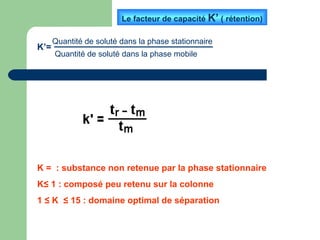Le facteur de capacité  K’  ( rétention) K’= Quantité de soluté dans la phase stationnaire Quantité de soluté dans la phase mobile K =  : substance non retenue par la phase stationnaire K≤ 1 : composé peu retenu sur la colonne 1 ≤ K  ≤ 15 : domaine optimal de séparation 