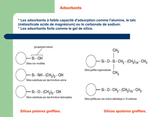 * Les adsorbants à faible capacité d'adsorption comme l'alumine, le talc (métasilicate acide de magnésium) ou le carbonate de sodium.  * Les adsorbants forts comme le gel de silice.  Silices polaires greffées. Adsorbants  Silices apolaires greffées. 
