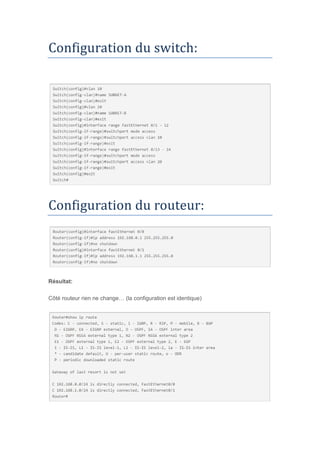 Configuration du switch:
Configuration du routeur:
Résultat:
Côté routeur rien ne change… (la configuration est identique)
 