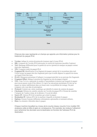 V
Chacune des case représente un champs qui apporte une information précise pour le
traitement du paquet IPv4:
 Version: indique la version du protocole (toujours égal à 4 pour IPv4)
 IHL: Longueur de l’en-tête IPv4 (nécessaire en raison de la présence possible d’options)
 ToS: Marquage différentiel pour la qualité de service (permet de marquer un paquet comme
étant plus important).
 TPL: Longueur totale du paquet IPv4.
 Fragment ID: Identification d’un fragment de paquet, permet de le reconstituer plus tard.
Utilisé lorsqu’un paquet doit être fragmenté parce que sa taille dépasse la capacité du réseau
sur lequel il doit être émis.
 FLAG: Marqueurs permettant d’indiquer si un paquet peut/doit ou ne peut pas être fragmenté.
 Fragment Offset: Indique la position du fragment au sein du paquet original.
 TTL: Time To Live, représente le nombre d’intermédiaire (routeurs) par lesquels le paquet
peut encore passer avant d’être détruit. Il s’agit d’un mécanisme permettant d’éviter qu’un
paquet ne tourne indéfiniment dans un réseau suite à un problème de routage. On peut
comparer cela à une date de péremption.
 Protocol: Contient une valeur numérique qui identifie la nature du contenu du paquet.
 Checksum: SOmme de contrôle calculée sur l’en-tête du paquet IPv4. Permet de contrôler
l’intégrité de l’entête et donc de le détruire s’il avait été altéré.
 Source IP: Adresse IPv4 de la machine qui a émis le paquet.
 Destination IP: Adresse IPv4 de la machine à laquelle est destinée le paquet.
 Options: Permet d’ajouter différentes informations optionnelles et rarement utilisées.
 Data: Les données véhiculées dans le paquet.
Chaque machine travaillant au niveau de la couche réseau (couche 3) du modèle OSI
analysera cette en-tête et agira en conséquence. Par exemple, les routeurs l’utiliseront
pour acheminer les données vers la destination en fonction de l’adresse IPv4 de
destination.
 
