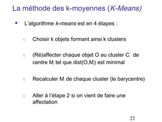 La méthode des k-moyennes (K-Means)


L’algorithme k-means est en 4 étapes :
1.

1.

1.

1.

Choisir k objets formant ainsi k clusters
(Ré)affecter chaque objet O au cluster Ci de
centre Mi tel que dist(O,Mi) est minimal
Recalculer Mi de chaque cluster (le barycentre)
Aller à l’étape 2 si on vient de faire une
affectation
21

 