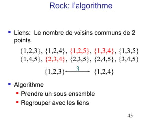 Rock: l’algorithme


Liens: Le nombre de voisins communs de 2
points

{1,2,3}, {1,2,4}, {1,2,5}, {1,3,4}, {1,3,5}
{1,4,5}, {2,3,4}, {2,3,5}, {2,4,5}, {3,4,5}
3
{1,2,3}
{1,2,4}


Algorithme
 Prendre un sous ensemble
 Regrouper avec les liens
45

 