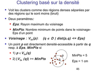 Clustering basé sur la densité




Voit les clusters comme des régions denses séparées par
des régions qui le sont moins (bruit)
Deux paramètres:






Eps : Rayon maximum du voisinage
MinPts : Nombre minimum de points dans le voisinageEps d’un point

Voisinage : V Eps (p) :

{q ∈ D | dist(p,q) <= Eps}

Un point p est directement densité-accessible à partir de q
resp. à Eps , MinPts si


1) p ∈V Eps (q)



2) | V Eps (q) | >= MinPts

q

p

MinPts = 5
Eps = 1 cm
46

 