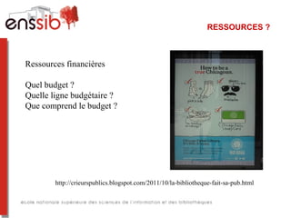RESSOURCES ?
http://crieurspublics.blogspot.com/2011/10/la-bibliotheque-fait-sa-pub.html
Ressources financières
Quel budget ?
Quelle ligne budgétaire ?
Que comprend le budget ?
 