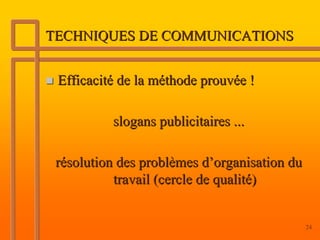 TECHNIQUES DE COMMUNICATIONS


 Efficacité de la méthode prouvée !

          slogans publicitaires ...

 résolution des problèmes d’organisation du
           travail (cercle de qualité)


                                              24
 