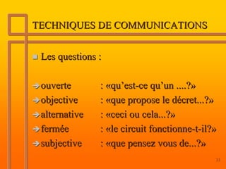 TECHNIQUES DE COMMUNICATIONS


 Les questions :

 ouverte       : «qu’est-ce qu’un ....?»
 objective     : «que propose le décret...?»
 alternative   : «ceci ou cela...?»
 fermée        : «le circuit fonctionne-t-il?»
 subjective    : «que pensez vous de...?»
                                             33
 