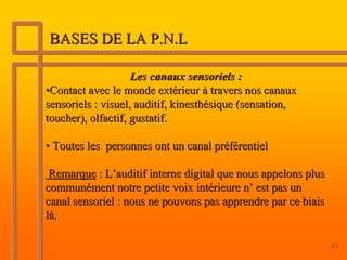 BASES DE LA P.N.L

                    Les canaux sensoriels :
•Contact avec le monde extérieur à travers nos canaux
sensoriels : visuel, auditif, kinesthésique (sensation,
toucher), olfactif, gustatif.

• Toutes les personnes ont un canal préférentiel

 Remarque : L’auditif interne digital que nous appelons plus
communément notre petite voix intérieure n’ est pas un
canal sensoriel : nous ne pouvons pas apprendre par ce biais
là.

                                                               37
 