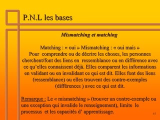 P.N.L les bases

                  Mismatching et matching

         Matching : « oui » Mismatching : « oui mais »
    Pour comprendre ou de décrire les choses, les personnes
cherchent/font des liens en ressemblance ou en différence avec
 ce qu’elles connaissent déjà. Elles comparent les informations
 en validant ou en invalidant ce qui est dit. Elles font des liens
     (ressemblance) ou elles trouvent des contre-exemples
                (différences ) avec ce qui est dit.

Remarque : Le « mismatching » (trouver un contre-exemple ou
une exception qui invalide le renseignement), limite le
processus et les capacités d’ apprentissage.              45
 