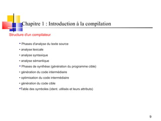 Chapitre 1 : Introduction à la compilation
Structure d'un compilateur

       Phases d'analyse du texte source
      • analyse lexicale
      • analyse syntaxique
      • analyse sémantique
       Phases de synthèse (génération du programme cible)
      • génération du code intermédiaire
      • optimisation du code intermédiaire
      • génération du code cible
      Table des symboles (ident. utilisés et leurs attributs)




                                                                 9
 
