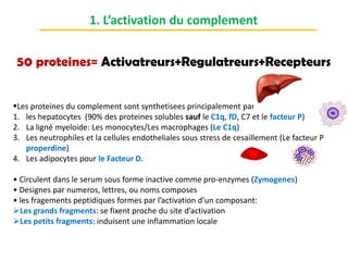 Les proteines du complement sont synthetisees principalement par
1. les hepatocytes (90% des proteines solubles sauf le C1q, fD, C7 et le facteur P)
2. La ligné myeloide: Les monocytes/Les macrophages (Le C1q)
3. Les neutrophiles et la cellules endotheliales sous stress de cesaillement (Le facteur P
properdine)
4. Les adipocytes pour le Facteur D.
• Circulent dans le serum sous forme inactive comme pro-enzymes (Zymogenes)
• Designes par numeros, lettres, ou noms composes
• les fragements peptidiques formes par l’activation d’un composant:
Les grands fragments: se fixent proche du site d’activation
Les petits fragments: induisent une inflammation locale
1. L’activation du complement
50 proteines= Activatreurs+Regulatreurs+Recepteurs
 