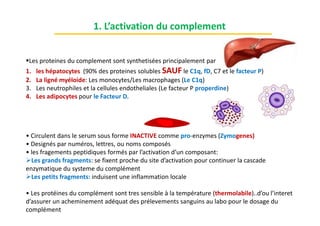 Les proteines du complement sont synthetisées principalement par
1. les hépatocytes (90% des proteines solubles SAUF le C1q, fD, C7 et le facteur P)
2. La ligné myéloide: Les monocytes/Les macrophages (Le C1q)
3. Les neutrophiles et la cellules endotheliales (Le facteur P properdine)
4. Les adipocytes pour le Facteur D.
1. L’activation du complement
• Circulent dans le serum sous forme INACTIVE comme pro-enzymes (Zymogenes)
• Designés par numéros, lettres, ou noms composés
• les fragements peptidiques formés par l’activation d’un composant:
Les grands fragments: se fixent proche du site d’activation pour continuer la cascade
enzymatique du systeme du complément
Les petits fragments: induisent une inflammation locale
• Les protéines du complément sont tres sensible à la température (thermolabile)..d’ou l’interet
d’assurer un acheminement adéquat des prélevements sanguins au labo pour le dosage du
complément
 