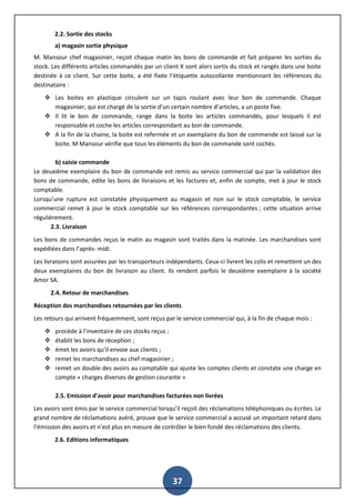 37
2.2. Sortie des stocks
a) magasin sortie physique
M. Mansour chef magasinier, reçoit chaque matin les bons de commande et fait préparer les sorties du
stock. Les différents articles commandés par un client X sont alors sortis du stock et rangés dans une boite
destinée à ce client. Sur cette boite, a été fixée l’étiquette autocollante mentionnant les références du
destinataire :
 Les boites en plastique circulent sur un tapis roulant avec leur bon de commande. Chaque
magasinier, qui est chargé de la sortie d’un certain nombre d’articles, a un poste fixe.
 Il lit le bon de commande, range dans la boite les articles commandés, pour lesquels il est
responsable et coche les articles correspondant au bon de commande.
 A la fin de la chaine, la boite est refermée et un exemplaire du bon de commende est laissé sur la
boite. M Mansour vérifie que tous les éléments du bon de commande sont cochés.
b) saisie commande
Le deuxième exemplaire du bon de commande est remis au service commercial qui par la validation des
bons de commande, édite les bons de livraisons et les factures et, enfin de compte, met à jour le stock
comptable.
Lorsqu’une rupture est constatée physiquement au magasin et non sur le stock comptable, le service
commercial remet à jour le stock comptable sur les références correspondantes ; cette situation arrive
régulièrement.
2.3. Livraison
Les bons de commandes reçus le matin au magasin sont traités dans la matinée. Les marchandises sont
expédiées dans l’après- midi.
Les livraisons sont assurées par les transporteurs indépendants. Ceux-ci livrent les colis et remettent un des
deux exemplaires du bon de livraison au client. Ils rendent parfois le deuxième exemplaire à la société
Amor SA.
2.4. Retour de marchandises
Réception des marchandises retournées par les clients
Les retours qui arrivent fréquemment, sont reçus par le service commercial qui, à la fin de chaque mois :
 procède à l’inventaire de ces stocks reçus ;
 établit les bons de réception ;
 émet les avoirs qu’il envoie aux clients ;
 remet les marchandises au chef magasinier ;
 remet un double des avoirs au comptable qui ajuste les comptes clients et constate une charge en
compte « charges diverses de gestion courante »
2.5. Emission d’avoir pour marchandises facturées non livrées
Les avoirs sont émis par le service commercial lorsqu’il reçoit des réclamations téléphoniques ou écrites. Le
grand nombre de réclamations avéré, prouve que le service commercial a accusé un important retard dans
l’émission des avoirs et n’est plus en mesure de contrôler le bien fondé des réclamations des clients.
2.6. Editions informatiques
 