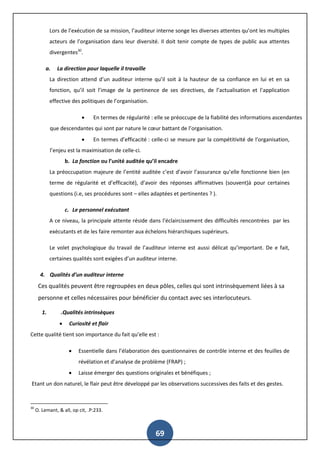 69
Lors de l’exécution de sa mission, l’auditeur interne songe les diverses attentes qu’ont les multiples
acteurs de l’organisation dans leur diversité. Il doit tenir compte de types de public aux attentes
divergentes30
.
a. La direction pour laquelle il travaille
La direction attend d’un auditeur interne qu’il soit à la hauteur de sa confiance en lui et en sa
fonction, qu’il soit l’image de la pertinence de ses directives, de l’actualisation et l’application
effective des politiques de l’organisation.
 En termes de régularité : elle se préoccupe de la fiabilité des informations ascendantes
que descendantes qui sont par nature le cœur battant de l’organisation.
 En termes d’efficacité : celle-ci se mesure par la compétitivité de l’organisation,
l’enjeu est la maximisation de celle-ci.
b. La fonction ou l’unité auditée qu’il encadre
La préoccupation majeure de l’entité auditée c’est d’avoir l’assurance qu’elle fonctionne bien (en
terme de régularité et d’efficacité), d’avoir des réponses affirmatives (souvent)à pour certaines
questions (i.e, ses procédures sont – elles adaptées et pertinentes ? ).
c. Le personnel exécutant
A ce niveau, la principale attente réside dans l’éclaircissement des difficultés rencontrées par les
exécutants et de les faire remonter aux échelons hiérarchiques supérieurs.
Le volet psychologique du travail de l’auditeur interne est aussi délicat qu’important. De e fait,
certaines qualités sont exigées d’un auditeur interne.
4. Qualités d’un auditeur interne
Ces qualités peuvent être regroupées en deux pôles, celles qui sont intrinsèquement liées à sa
personne et celles nécessaires pour bénéficier du contact avec ses interlocuteurs.
1. .Qualités intrinsèques
 Curiosité et flair
Cette qualité tient son importance du fait qu’elle est :
 Essentielle dans l’élaboration des questionnaires de contrôle interne et des feuilles de
révélation et d’analyse de problème (FRAP) ;
 Laisse émerger des questions originales et bénéfiques ;
Etant un don naturel, le flair peut être développé par les observations successives des faits et des gestes.
30
O. Lemant, & all, op cit, .P:233.
 