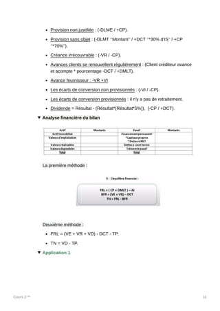Cours 2 ** 11
Provision non justifiée : (-DLME / +CP).
Provision sans objet : (-DLMT ‘’Montant’’ / +DCT ‘’*30% d’IS’’ / +CP
‘’*70%’’).
Créance irrécouvrable : (-VR / -CP).
Avances clients se renouvellent régulièrement : (Client créditeur avance
et acompte * pourcentage -DCT / +DMLT).
Avance fournisseur : -VR +VI
Les écarts de conversion non provisionnés : (-VI / -CP).
Les écarts de conversion provisionnés : il n'y a pas de retraitement.
Dividende = Résultat - (Résultat*(Résultat*5%)), (-CP / +DCT).
Analyse financière du bilan
La première méthode :
Deuxième méthode :
FRL = (VE + VR + VD) - DCT - TP.
TN = VD - TP.
Application 1
 