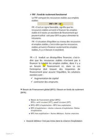 Cours 2 ** 7
Besoin de Financement global (BFG) / Besoin en fonds de roulement
(BFR) :
Associé débiteur n’est pas inclus dans la créance d’exploitation.
 