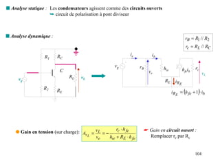 s Analyse statique : Les condensateurs agissent comme des circuits ouverts
                     ➥ circuit de polarisation à pont diviseur



s Analyse dynamique :                                                                            rB = R1 // R2
                                                                                                 rc = RL // RC

                        RC                                  ie             ib
                  R1
                                                    vg            rB                                   rc
                         C                                                      hie            hfeib
                                                                         ve                                  vL
     vg                       RL    vL
                                                                                 RE     i RE
                 R2
                        RE                                                                      (       )
                                                                                      iRE = h fe + 1 ⋅ ib




                                                    rc ⋅ h fe          ☛ Gain en circuit ouvert :
    q Gain en tension (sur charge): Av = vL = −
                                      L  ve     hie + RE ⋅ h fe          Remplacer rc par Rc


                                                                                                       104
 