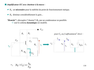 s Amplificateur EC avec émetteur à la masse :

  ☛ RE est nécessaire pour la stabilité du point de fonctionnement statique.

  ☛ RE diminue considérablement le gain...

  “Remède” : découpler (“shunter”) RE par un condensateur en parallèle
      ➪ seul le schéma dynamique est modifié.


                                            VCC

                   R1        RC                           pour CE ou f suffisamment* élevé :

                                                             ie         ib
             CB               CC
                                                     vg           rB           hie              rc
                                       RL   vs                                         hfeib
   vg                                                                  ve

                  R2
                        RE
                                  CE



                         h
        *:   RE // C E << ie                                                                   110
                         h fe
 