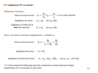 s L’amplicateur EC en résumé :

qEmetteur à la masse :
                                           R          R
            Gain en circuit ouvert : Av = − C h fe = − C >> 1 en valeur absolue
                                           hie        rf
            Impédance de sortie :     Z s ≅ RC     (de q.q. kΩ )
        Impédance d’entrée de la
          base du transistor:         Z e ≅ hie    (de q.q. kΩ )


qAvec résistance d’émetteur (amplificateur « stabilisé »):

                                                      RC   R
           Gain en circuit ouvert :    Av ≅ −             ≈ C
                                                  r f + RE RE

             Impédance de sortie :     Z s ≅ RC


    Impédance d’entrée de la base:                  (      )
                                        Z e = hie + h fe + 1 RE    (élevée, hfe ~100-200)


☛ L’inconvénient du faible gain peut être contourné en mettant plusieurs étages
amplificateur EC en cascade (cf. plus loin).                                                113
 