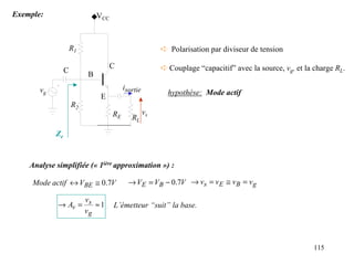 Exemple:                      VCC



                     R1                                 ➪ Polarisation par diviseur de tension

                                   C                    ➪ Couplage “capacitif” avec la source, vg, et la charge RL.
                 C
                          B
       vg                                isortie
                                                          hypothèse: Mode actif
                               E
                     R2
                                    RE             vs
                                            RL

            Ze



    Analyse simplifiée (« 1ière approximation ») :

     Mode actif ↔ VBE ≅ 0.7V               → VE = VB − 0.7V → vs = vE ≅ vB = v g

                   v
             → Av = s ≈ 1           L’émetteur “suit” la base.
                   vg



                                                                                                         115
 