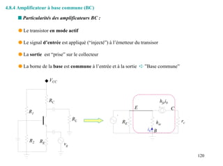 4.8.4 Amplificateur à base commune (BC)

     s Particularités des amplificateurs BC :

     q Le transistor en mode actif

     q Le signal d’entrée est appliqué (“injecté”) à l’émetteur du transisor

     q La sortie est “prise” sur le collecteur

     q La borne de la base est commune à l’entrée et à la sortie ➪ ”Base commune”

                    VCC



                    RC                                                         hfeib
                                                                E                      C
          R1
                                 RL                                                        rc
                                                         RE               hie
                                                                      ib B

          R2   RE           vg

                                                                                                120
 