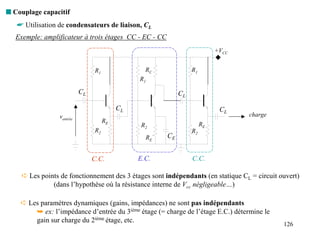 s Couplage capacitif
   ☛ Utilisation de condensateurs de liaison, CL
   Exemple: amplificateur à trois étages CC - EC - CC
                                                                            +VCC


                                R1               RC               R1
                                               R1

                           CL                                CL

                                          CL                                 CL
                 ventrée                                                           charge
                                     RE
                                                R2                     RE
                                R2                                R2
                                                 RE’    CE


                                C.C.           E.C.               C.C.

     ➪ Les points de fonctionnement des 3 étages sont indépendants (en statique CL = circuit ouvert)
               (dans l’hypothèse où la résistance interne de Vcc négligeable…)

    ➪ Les paramètres dynamiques (gains, impédances) ne sont pas indépendants
        ➥ ex: l’impédance d’entrée du 3ième étage (= charge de l’étage E.C.) détermine le
        gain sur charge du 2ième étage, etc.
                                                                                              126
 
