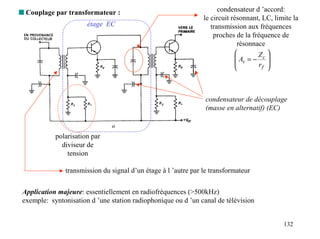s Couplage par transformateur :                                       condensateur d ’accord:
                                                                le circuit résonnant, LC, limite la
                       étage EC                                    transmission aux fréquences
                                                                    proches de la fréquence de
                                                                              résonnace
                                                                                         
                                                                              Av = − Z c 
                                                                                     rf 
                                                                                         



                                                                 condensateur de découplage
                                                                 (masse en alternatif) (EC)


            polarisation par
              diviseur de
                tension

               transmission du signal d’un étage à l ’autre par le transformateur


 Application majeure: essentiellement en radiofréquences (>500kHz)
 exemple: syntonisation d ’une station radiophonique ou d ’un canal de télévision


                                                                                             132
 