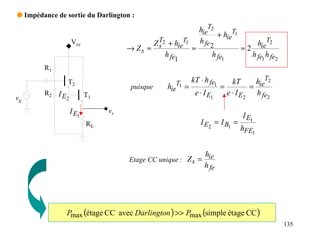 q Impédance de sortie du Darlington :

                                                             hieT2
                                                                   + hieT1
                                             T
                   Vcc                     Z s 2 + hieT1     h fe                 hieT2
                                    → Zs ≈               ≈      2            ≈2
                                                h fe             h fe1          h fe1 h fe2
                                                   1
        R1

                T2                                 T1 kT ⋅ h fe1     kT      hieT2
                                     puisque    hie =            =         =
        R2 I E            T1                           e ⋅ I E1    e ⋅ I E2 h fe2
vg             2

                   I E1        vs
                                                                             I E1
                          RE                                 I E2 = I B1 =
                                                                             hFE1


                                                           h
                                    Etage CC unique : Z s = ie
                                                           h fe




               Pmax (étage CC avec Darlington ) >> Pmax (simple étage CC )
                                                                                              135
 