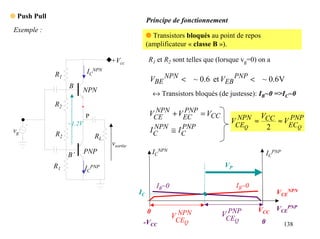 q Push Pull
                                                   Principe de fonctionnement
 Exemple :
                                                   q Transistors bloqués au point de repos
                                                   (amplificateur « classe B »).

                                    +Vcc           R1 et R2 sont telles que (lorsque vg=0) on a

              R1           ICNPN
                                                    VBE NPN < ~ 0.6 et VEB PNP < ~ 0.6V
                   B
                           NPN
                                                       ↔ Transistors bloqués (de justesse): IB~0 =>IC~0
              R2
                                                     NPN   PNP
                           P                        VCE + VEC = VCC               NPN V      PNP
                   ~1.2V                                                         VCE ≈ CC ≈ VEC
                                                     NPN    PNP                         2
vg
              R2
                                                    IC   ≅ IC                       Q          Q
                               RL
                                    vsortie
                   B’      PNP                         ICNPN                                     ICPNP
              R1           ICPNP                                               VP

                                                        IB~0                        IB~0
                                              IC                                                    VCENPN

                                                   0            NPN            PNP         VCC VCEPNP
                                                               VCE            VCE
                                               -VCC               Q              Q           0           138
 