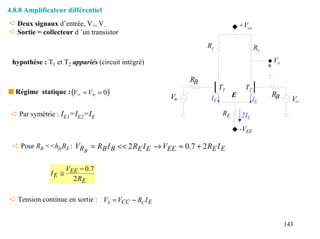 4.8.8 Amplificateur différentiel
➪ Deux signaux d’entrée, V+, V-                                              +Vcc
➪ Sortie = collecteur d ’un transistor
                                                             Rc                     Rc

 hypothèse : T1 et T2 appariés (circuit intégré)                                         Vs

                                                        RB
                                                                   T1         T2
s Régime statique : (V− = V+ = 0 )                                       E               RB
                                                   V+         IE                   IE           V−
 ➪ Par symétrie : IE1=IE2=IE                                        RE       2IE
                                                                             -VEE

 ➪ Pour RB <<hfeRE : VR = RB I B << 2 RE I E → VEE ≈ 0.7 + 2 RE I E
                       B


                   V − 0.7
              I E ≅ EE
                     2 RE

➪ Tension continue en sortie : Vs = VCC − Rc I E


                                                                                              143
 