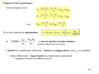 q Signaux d’entrée quelconques :

    On peut toujours écrire :            V + V− V+ − V−
                                     V+ = +    +        = Vmc + Vmd
                                            2      2
                                         V + V− V+ − V−
                                     V− = +    −        = Vmc − Vmd
                                            2      2

                                          V + V−         V − V−
                           avec      Vmc = +     et Vmd = +
                                             2              2

                                                                            v   
D’où, par le principe de superposition :   vs = Ad vmd + Ac vmc = Ad  vmd − mc 
                                                                           CMRR 

                     Ad 2h fe RE
   où    CMMR =         =             = « taux de réjection en mode commun »
                     Ac   hie         (common mode rejection ratio)

  ☛ Intérêts de l’amplificateur différentiel : Entrées en couplage direct (seule vmd est amplifiée)

     ➪ Ampli. différentielle = étage d’entrée des Amplificateur opérationnel.
         ↔ Impédance d’entrée et CMRR très élevés



                                                                                               146
 