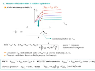 5.2 Modes de fonctionnement et schémas équivalents
  s Mode “résistance variable” :                    VDS = VGS + VP
                                      ID

                                       Q


                                                                           VDS
                           G                              D

                     =                              RDS

                                           S
                                                              résistance fonction de VGS

                                                          1
  Pour VGS > VP , et VDS <VGS +VP :RDS ≅                                  avec k = constante
                                                                V 
                                               k ⋅ (VGS + VP ) − DS     dépendant du composant
                                                                 2 
  ☛ Condition: VDS suffisamment faible (<VGS+VP ), souvent inférieure à 0.5V.
  ☛ Dans ces conditions, Source et Drain peuvent être inversés.

JFET: “RDS(on)” = RDS pour VGS ≈ 0     MOSFET enrichissement: “RDS(on)” = RDS pour VGS élevée (~10V).

ordre de grandeur:   RDS on = 0.05Ω − 10 kΩ                       (                        )
                                                    RDS off = RDS VGS < VGS off (canal N) > MΩ     156
 