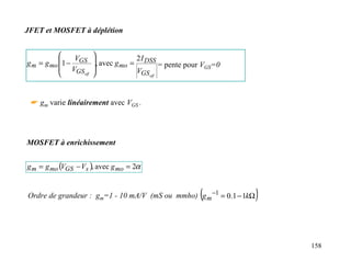 JFET et MOSFET à déplétion


                      
g m = g mo 1 − GS     , avec g = 2 I DSS
               V
            VGS               mo         = pente pour VGS=0
                off              VGS off



 ☛ gm varie linéairement avec VGS .




MOSFET à enrichissement


g m = g mo (VGS − Vs ), avec g mo = 2α


                                                       (
Ordre de grandeur : gm=1 - 10 mA/V (mS ou mmho) g m −1 = 0.1 − 1kΩ   )


                                                                         158
 