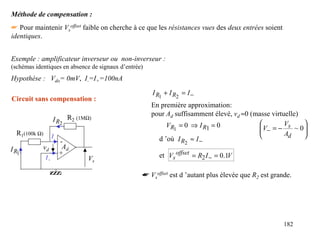 Méthode de compensation :
☛ Pour maintenir Vsoffset faible on cherche à ce que les résistances vues des deux entrées soient
identiques.


Exemple : amplificateur inverseur ou non-inverseur :
(schémas identiques en absence de signaux d’entrée)
Hypothèse : Vdo= 0mV, I-=I+=100nA

                                                      I R1 + I R2 = I −
Circuit sans compensation :
                                                      En première approximation:
                                                      pour Ad suffisamment élevé, vd ≈0 (masse virtuelle)
                    I R2 R2 (1MΩ)
                                                            VR1 = 0 ⇒ I R1 = 0                     V     
                                                                                           V− = − s ~ 0 
                                                                                                         
  R1(100k Ω)        I-                                                                             Ad    
                         -                               d ’où I R2 ≈ I −
I R1        vd            Ad
                         +                              et Vs offset = R2 I − = 0.1V
               I+              Vs

                                                  ☛ Vsoffset est d ’autant plus élevée que R2 est grande.




                                                                                                      182
 