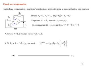 Circuit avec compensation :

Méthode de compensation : insertion d’une résistance appropriée entre la masse et l’entrée non-inverseur

                       R2
                                    lorsque Vs = 0, V− = − I − ⋅ (R1 // R2 ) = − I − ⋅ " R// "
     R1         I-
                     -
                      Ad            En prenant R+ = R// on aura : V+ = − I + R//
          vd
                     +
     R+    I+               Vs      En conséquence si I- ≈ I+ , on garde vd =V+-V- = 0 et Vs=0.



  ✎ lorsque I+≠ I-, il faudrait choisir I+R+= I-R//


                                                                                  R 
 ☛ Si Vdo ≠ 0 et I+-I-=Ioffset, on aurait :     Vs offset = − I offset R2 + Vd o 1 + 2 
                                                                                 
                                                                                    R1 
                                                                                        




          :-((                                                                                   :-))


                                                                                                        183
 