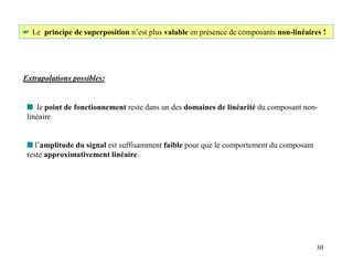 ☛ Le principe de superposition n’est plus valable en présence de composants non-linéaires !




Extrapolations possibles:


 s le point de fonctionnement reste dans un des domaines de linéarité du composant non-
 linéaire


 s l’amplitude du signal est suffisamment faible pour que le comportement du composant
 reste approximativement linéaire.




                                                                                         30
 