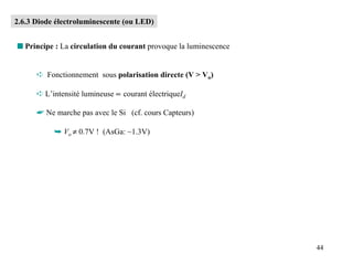 2.6.3 Diode électroluminescente (ou LED)


s Principe : La circulation du courant provoque la luminescence


      ➪ Fonctionnement sous polarisation directe (V > Vo)

      ➪ L’intensité lumineuse ∝ courant électriqueId

      ☛ Ne marche pas avec le Si (cf. cours Capteurs)

           ➥ Vo ≠ 0.7V ! (AsGa: ~1.3V)




                                                                  44
 