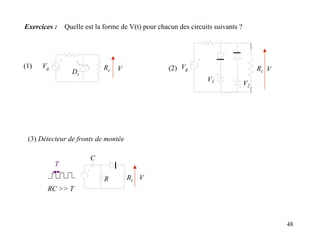 Exercices :    Quelle est la forme de V(t) pour chacun des circuits suivants ?




(1)   Vg                    Rc   V                 (2) Vg                             Rc V
                 Dz
                                                                 V1
                                                                                 V2




 (3) Détecteur de fronts de montée

                        C
           T

                             R       Rc V
       RC >> T



                                                                                             48
 