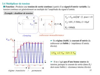 3.4 Multiplieur de tension
 s Fonction : Produire une tension de sortie continue à partir d’un signal d’entrée variable. La
 tension continue est généralement un multiple de l’amplitude du signal d’entrée.
  Exemple : doubleur de tension
                           Rg         C                                 Vg = Vm sin (2πf ⋅ t ) pour t > 0

                                                                        Vm=10V, f=50Hz, C=10µF
                 Vg ~           VD1                  VRc   Rc>> Rg
                                             C
                                                                        Rc=100kΩ.


                      clamping            redresseur monoalternance
    VD1 ,VRc
                                                      ☛ En régime établi, le courant d’entrée du
                                                      redresseur est faible (~ impédance d’entrée
                                                      élevée)


                                                       → VRc ≅ 2 ⋅ Vm − 1,4 ≈ 2 ⋅ Vm


                                                 t
                                                       ☛ Il ne s’agit pas d’une bonne source de
                                                       tension, puisque le courant de sortie (dans Rc)
                                                       doit rester faible (~ résistance interne élevée)
      régime transitoire    /    permanent                                                           57
 