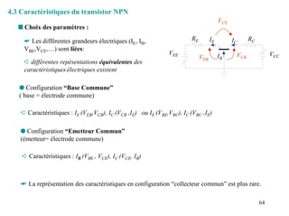 4.3 Caractéristiques du transistor NPN
                                                                                        VCE
   s Choix des paramètres :

     ☛ Les différentes grandeurs électriques (IE, IB,                   RE         IE         IC     RC
     VBE,VCE,…) sont liées:
                                                               VEE                             VCB             VCC
                                                                             VEB        IB
     ➪ différentes repésentations équivalentes des
     caractéristiques électriques existent

   q Configuration “Base Commune”
   ( base = électrode commune)

    ➪ Caractéristiques : IE (VEB,VCB), IC (VCB ,IE) ou IE (VBE,VBC), IC (VBC ,IE)

    q Configuration “Emetteur Commun”
    (émetteur= électrode commune)

    ➪ Caractéristiques : IB (VBE , VCE), IC (VCE, IB)



    ☛ La représentation des caractéristiques en configuration “collecteur commun” est plus rare.

                                                                                                          64
 