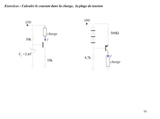 Exercices : Calculer le courant dans la charge, la plage de tension



                                                      10V
              15V


                             charge                                   560Ω
              10k           I



         Vz =5,6V
                                                      4,7k            I
                             10k                                      charge




                                                                               79
 