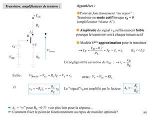 Transistor, amplificateur de tension :             hypothèses :

                                                   qPoint de fonctionnement “au repos” :
                        +VCC
                                                   Transistor en mode actif lorsque vB = 0
                                                   (amplificateur “classe A”)
                         RC
                                                   q Amplitude du signal vB suffisamment faible
                   IC
               B                                   pourque le transistor soit à chaque instant actif
               •
                                                   q Modèle 1ière approximation pour le transistor
    vB                  •E
                                                          V − 0.7
                               VSortie              → IE ≈ B      ≈ I C = I c + ic        (IB <<IC)
                                                            RE
  VBB                    RE
                                                                                    v
                                          En négligeant la variation de VBE : → ic ≈ B
                                                                                    RE

     Enfin :    VSortie = Vcc − Rc I C = Vs + vs       avec : Vs = Vcc − RI c

                                R                                                          Rc
     et         vs = − Rc ic = − c vb     Le “signal”vB est amplifié par le facteur Av = −
                                RE                                                         RE



 ☛ Av = “∞” pour RE =0 ?? voir plus loin pour la réponse...
 ☛ Comment fixer le point de fonctionnement au repos de manière optimale?                          80
 