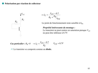 s Polarisation par réaction de collecteur



                  +VCC                                VCC − 0.7
                                            → IC ≈
                                                     RC + RB
                    RC                                       hFE
             RB
                                            Le point de fonctionnement reste sensible à hFE

                                             Propriété intéressante du montage :
                                             Le transistor ne peut rentrer en saturation puisque VCE
                                             ne peut être inférieur à 0.7V



                                        V − 0.7
        Cas particulier : RB=0   → I C ≈ CC              VCE = 0.7V
                                           RC
         ➪ Le transistor se comporte comme un diode.




                                                                                                 83
 