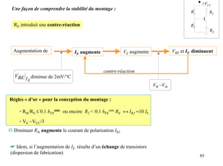 +VCC
 Une façon de comprendre la stabilité du montage :
                                                                                         R1        RC

  RE introduit une contre-réaction                                                       R2
                                                                                                   RE



  Augmentation de              IE augmente               VE augmente             VBE et IE diminuent



                                              contre-réaction
  VBE I diminue de 2mV/°C
       E
                                                                       VB ~Vth

Règles « d’or » pour la conception du montage :

     • Rth/RE ≤ 0.1 hFEmin ou encore R2 < 0.1 hFEmin RE ↔ IR2 ≈10 Ib

     • VE ~VCC/3
" Diminuer Rth augmente le courant de polarisation IR1


☛ Idem, si l’augmentation de IE résulte d’un échange de transistors
(dispersion de fabrication)
                                                                                              85
 